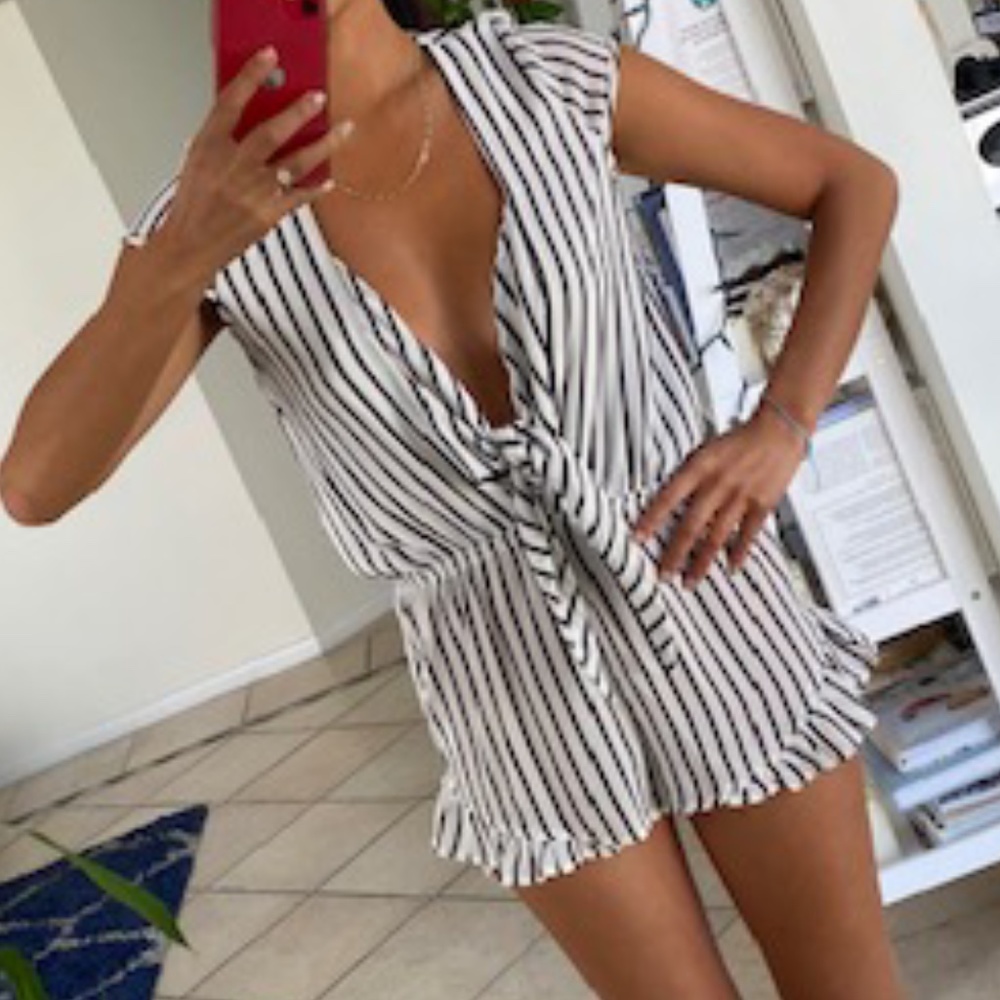 Tobi S White Black Stripe Ruffle Romper